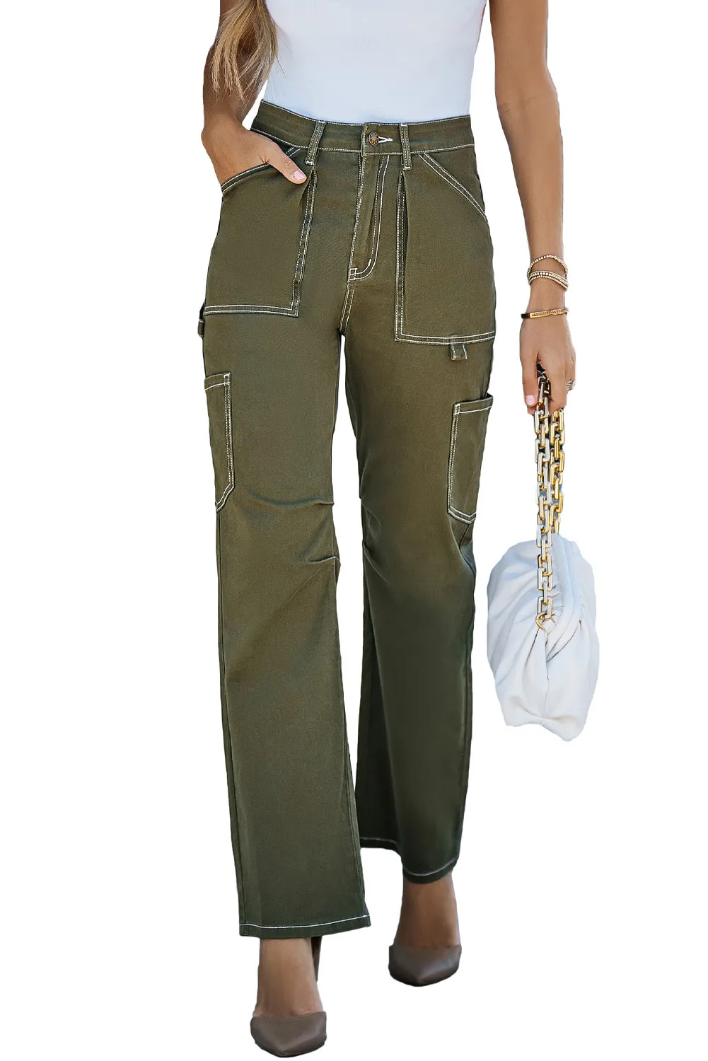 Women's High Waisted Straight Leg Cargo Pants Baggy Trousers Streetwear