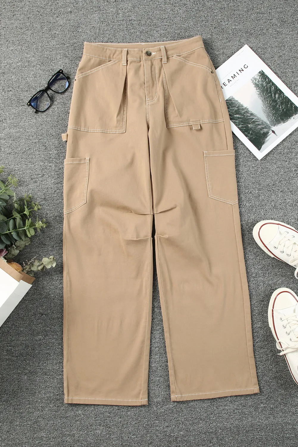 Women's High Waisted Straight Leg Cargo Pants Baggy Trousers Streetwear