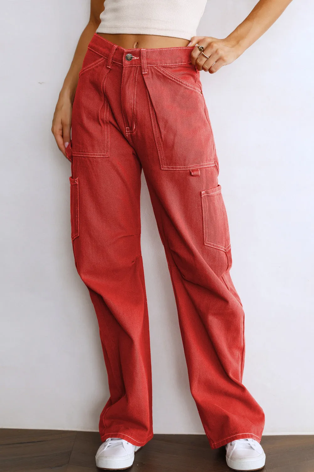 Women's High Waisted Straight Leg Cargo Pants Baggy Trousers Streetwear