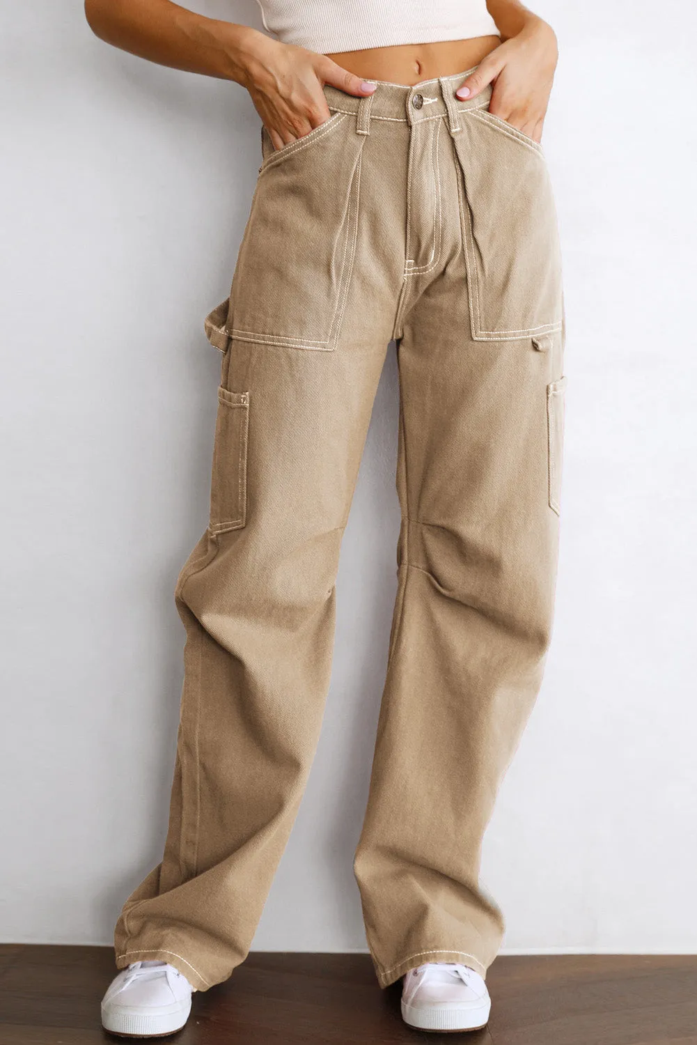 Women's High Waisted Straight Leg Cargo Pants Baggy Trousers Streetwear