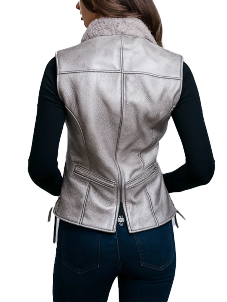 Women's Metallic Silver Lace-Up Leather Vest with Shearling Collar