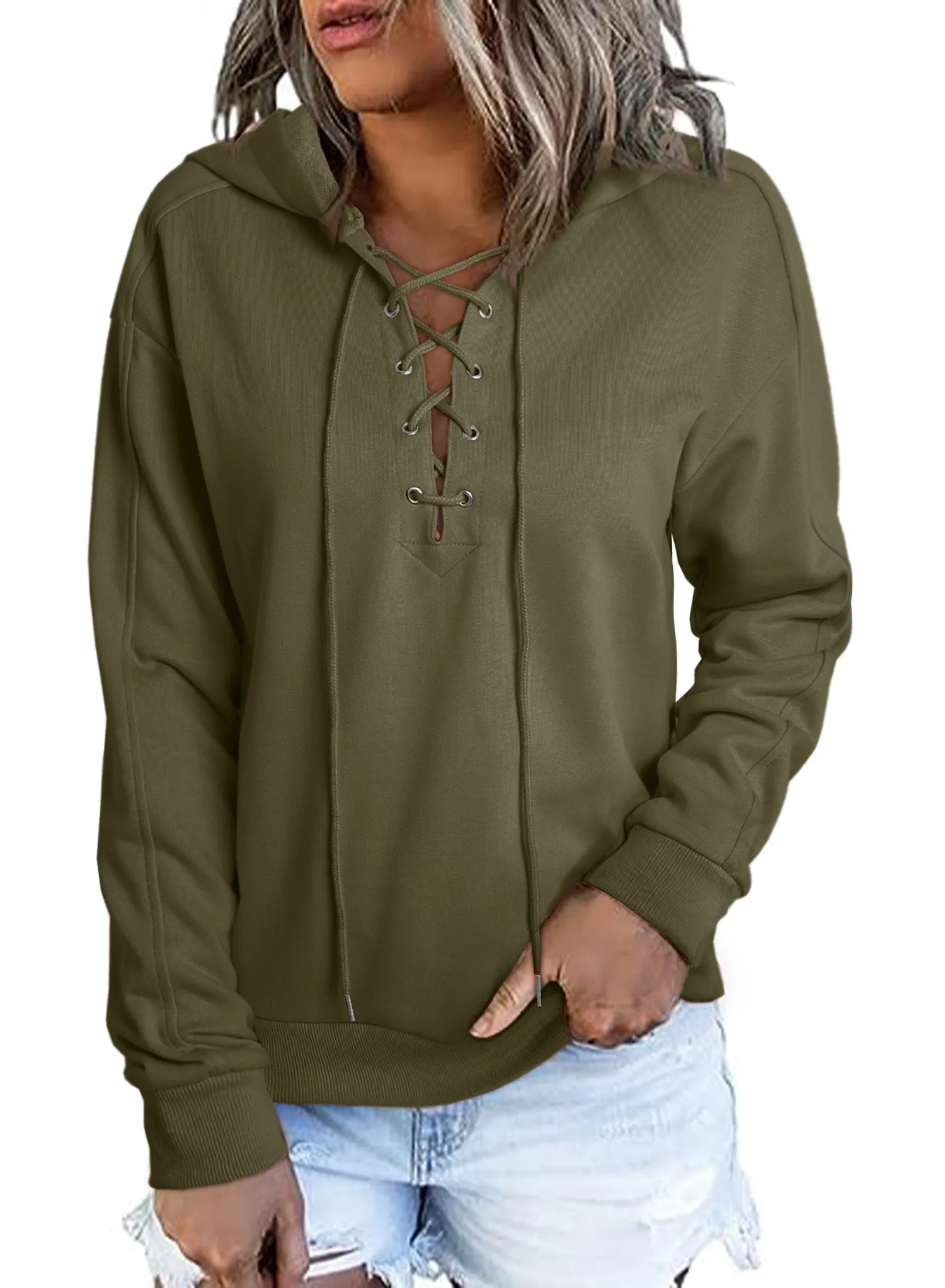 Women's V Neck Lace Up Criss Cross Long Sleeve Drawstring Pullover Sweatshirts Tops