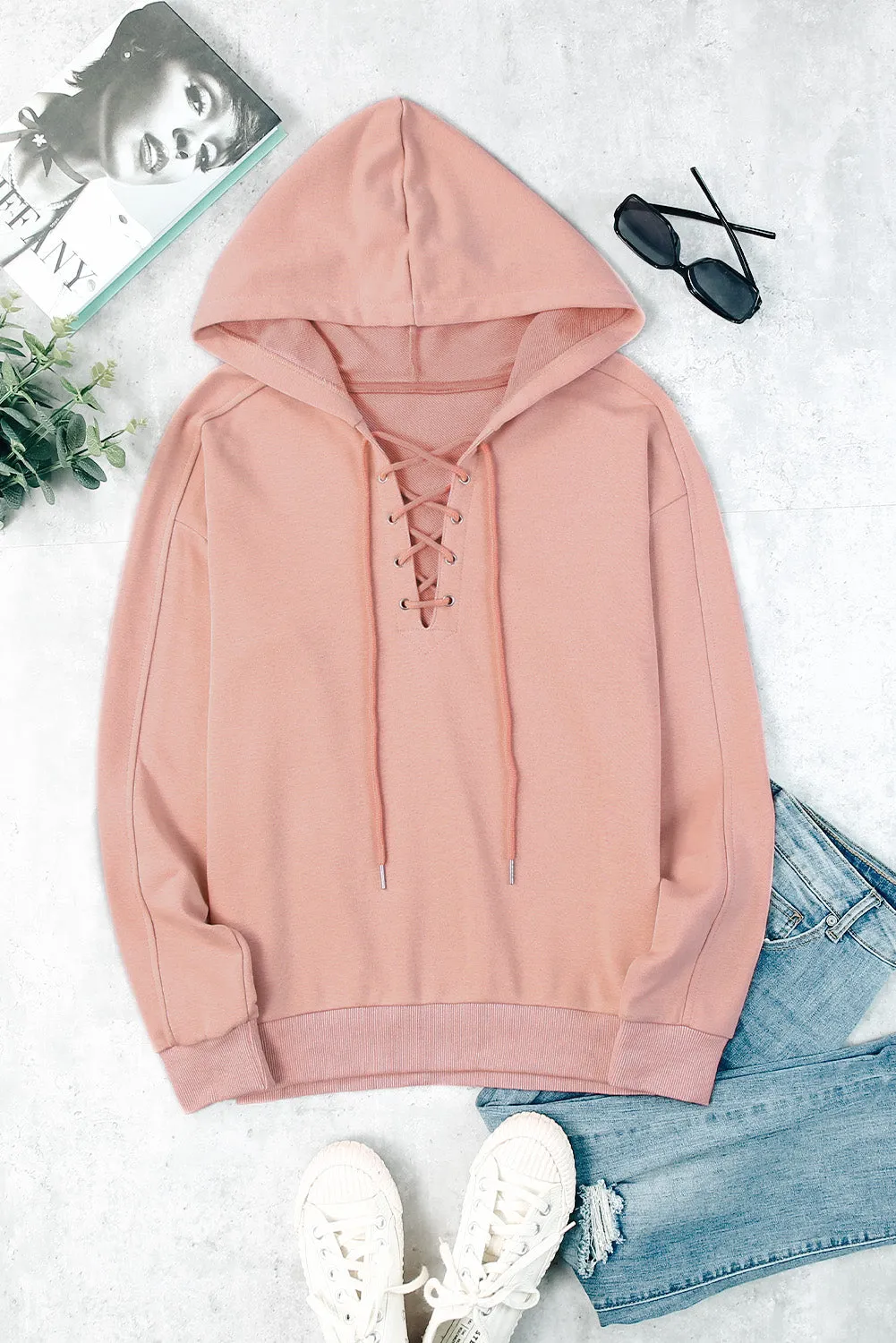 Women's V Neck Lace Up Criss Cross Long Sleeve Drawstring Pullover Sweatshirts Tops