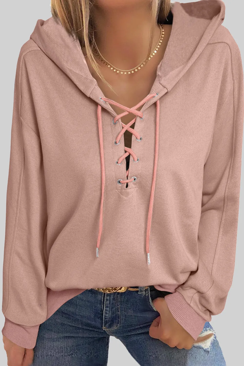 Women's V Neck Lace Up Criss Cross Long Sleeve Drawstring Pullover Sweatshirts Tops