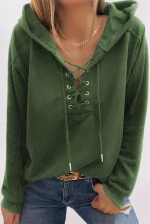 Women's V Neck Lace Up Criss Cross Long Sleeve Drawstring Pullover Sweatshirts Tops