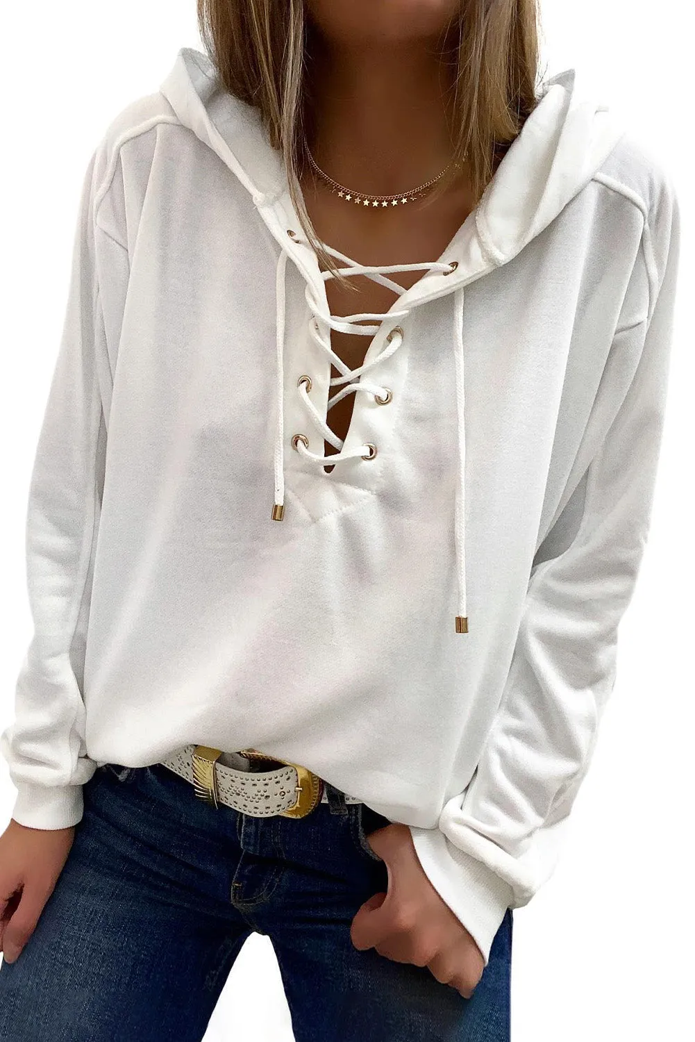 Women's V Neck Lace Up Criss Cross Long Sleeve Drawstring Pullover Sweatshirts Tops