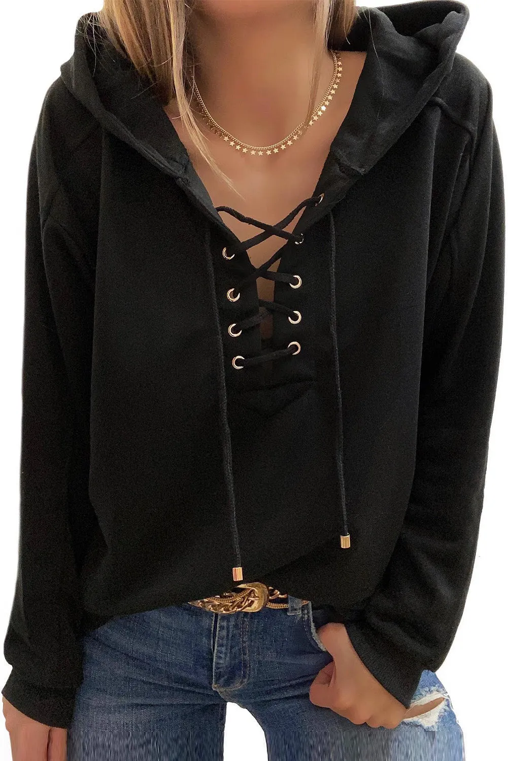 Women's V Neck Lace Up Criss Cross Long Sleeve Drawstring Pullover Sweatshirts Tops