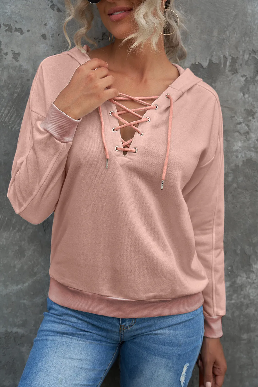 Women's V Neck Lace Up Criss Cross Long Sleeve Drawstring Pullover Sweatshirts Tops