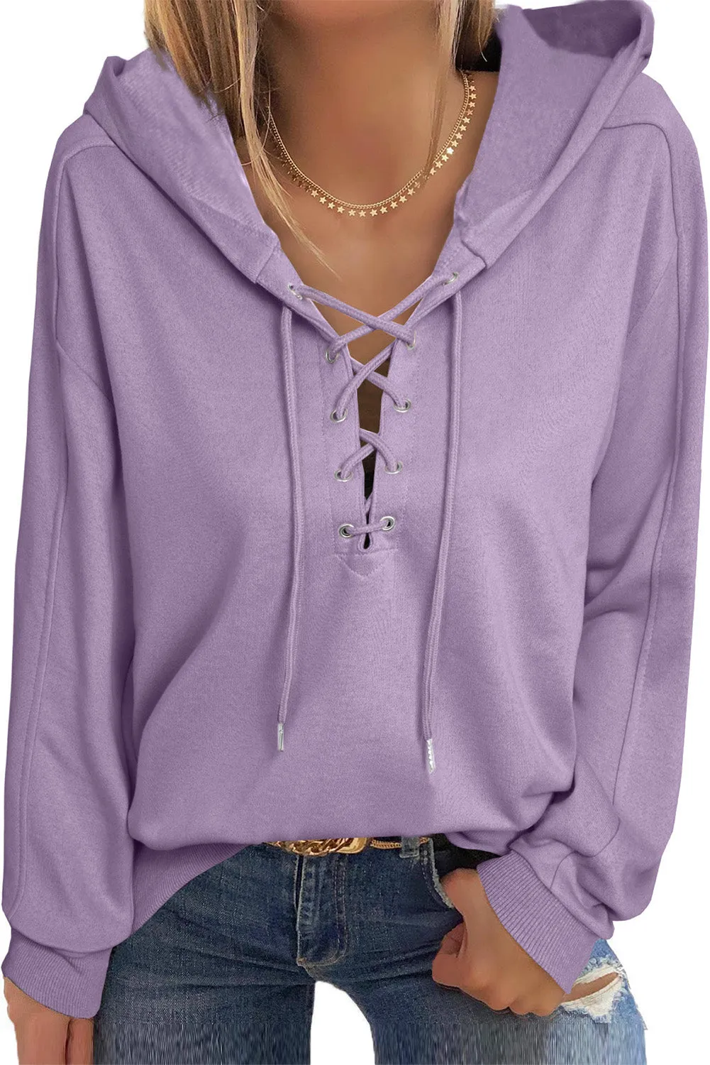 Women's V Neck Lace Up Criss Cross Long Sleeve Drawstring Pullover Sweatshirts Tops