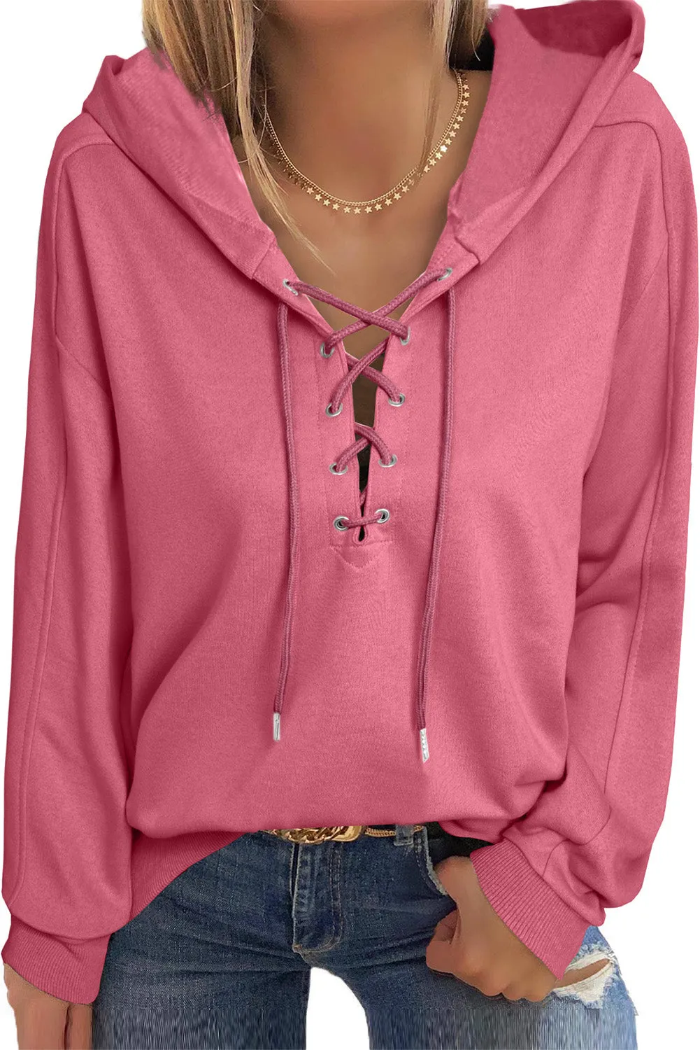 Women's V Neck Lace Up Criss Cross Long Sleeve Drawstring Pullover Sweatshirts Tops