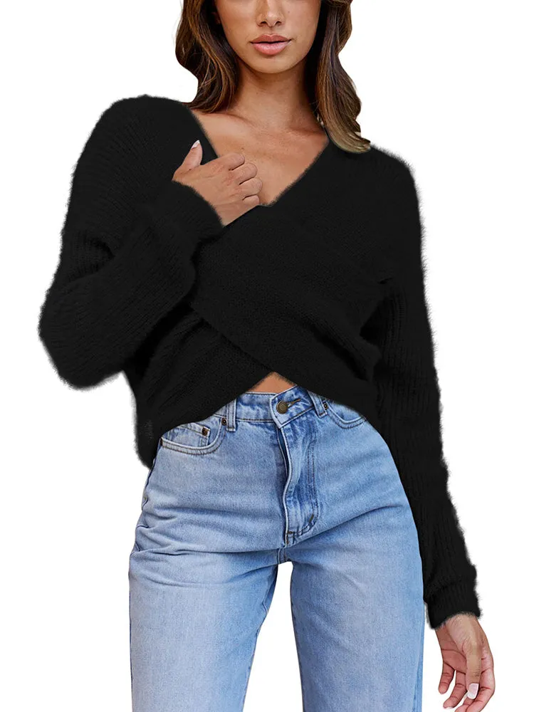 Women's Wrap V Neck Long Sleeve Cropped Sweater Pullover Top