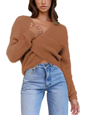 Women's Wrap V Neck Long Sleeve Cropped Sweater Pullover Top