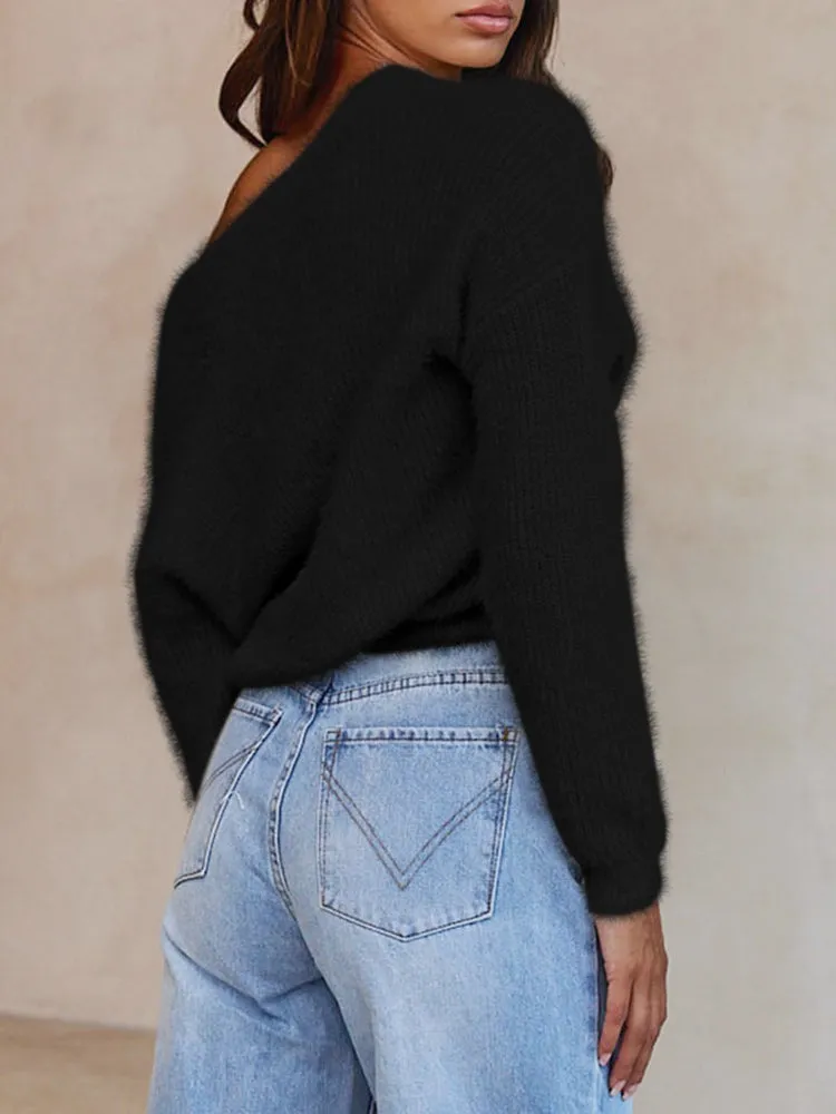 Women's Wrap V Neck Long Sleeve Cropped Sweater Pullover Top