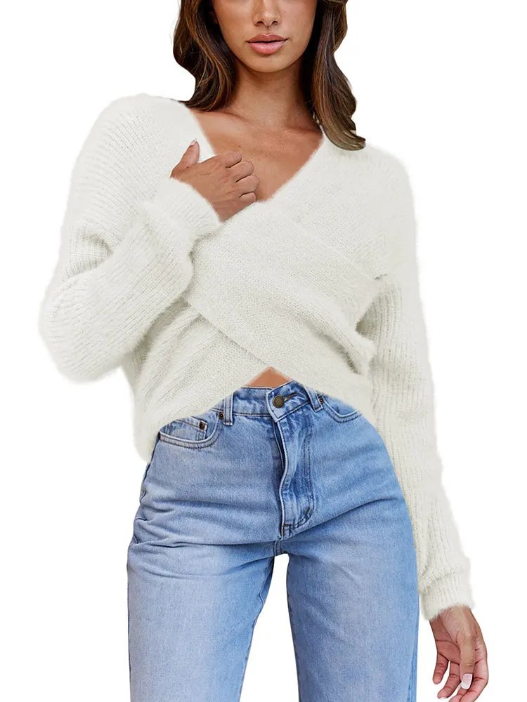 Women's Wrap V Neck Long Sleeve Cropped Sweater Pullover Top