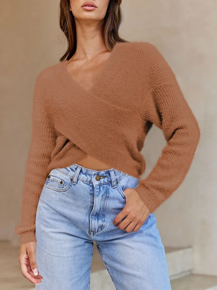 Women's Wrap V Neck Long Sleeve Cropped Sweater Pullover Top