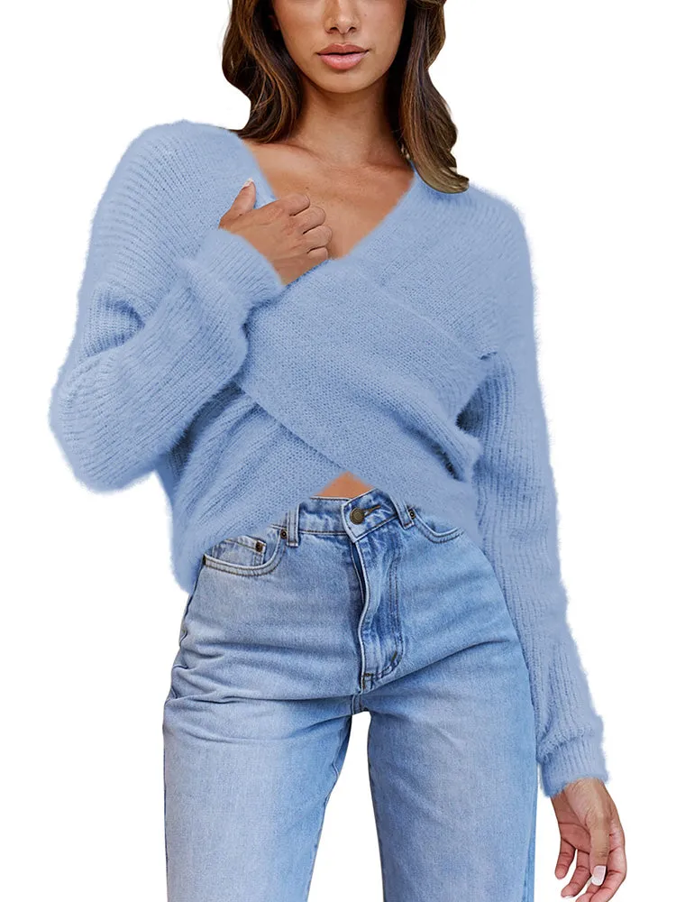 Women's Wrap V Neck Long Sleeve Cropped Sweater Pullover Top