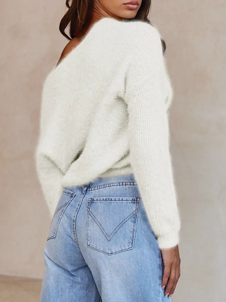 Women's Wrap V Neck Long Sleeve Cropped Sweater Pullover Top