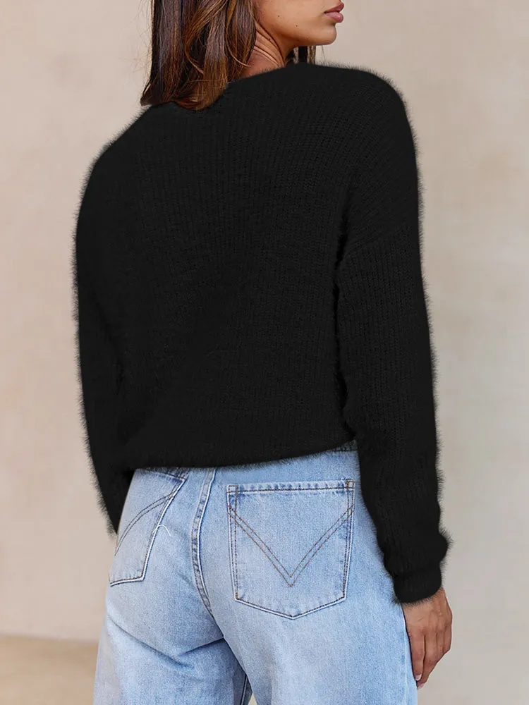 Women's Wrap V Neck Long Sleeve Cropped Sweater Pullover Top