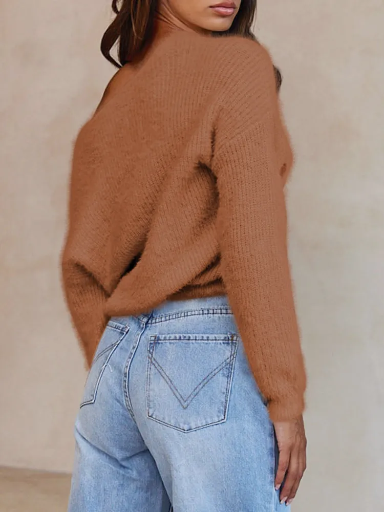 Women's Wrap V Neck Long Sleeve Cropped Sweater Pullover Top